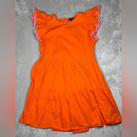 J.Crew Tiered Pink Embroidered Ruffle Sleeve 100% Cotton Orange Mini Dress Large - Picture 1 of 16